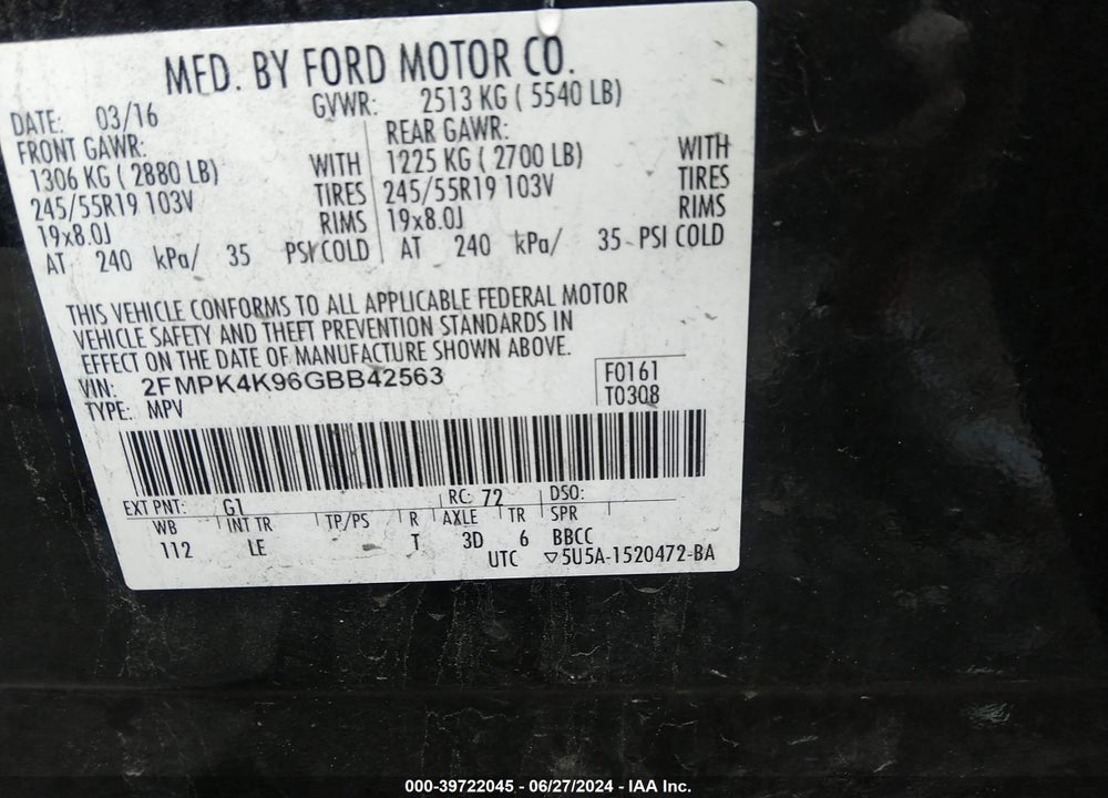 2016 FORD EDGE TITANIUM VIN: 2FMPK4K96GBB42563