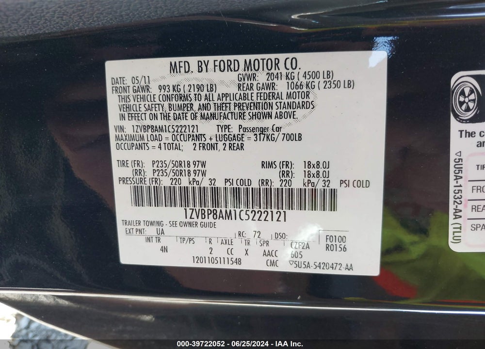 2012 FORD MUSTANG V6 PREMIUM VIN: 1ZVBP8AM1C5222121