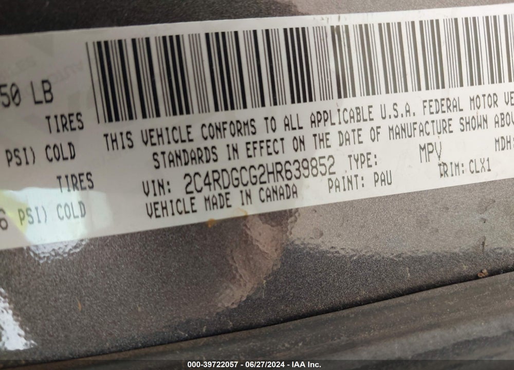 2017 DODGE GRAND CARAVAN SXT VIN: 2C4RDGCG2HR639852
