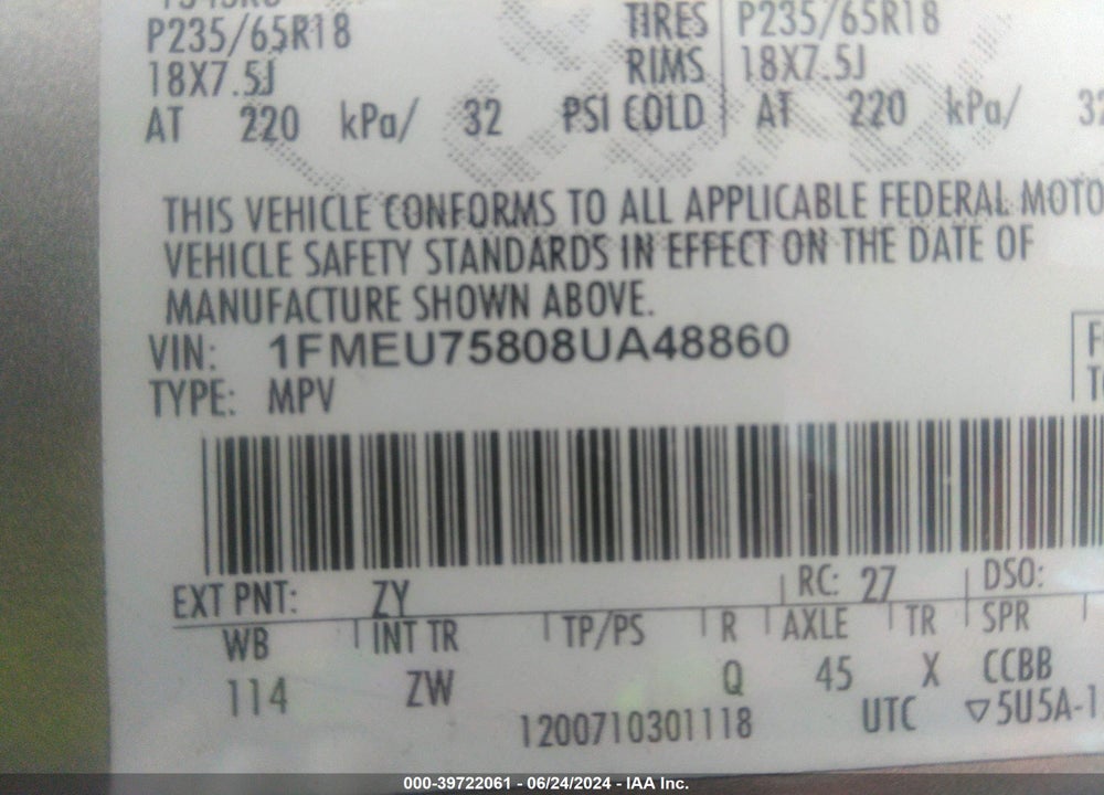 2008 FORD EXPLORER LIMITED VIN: 1FMEU75808UA48860