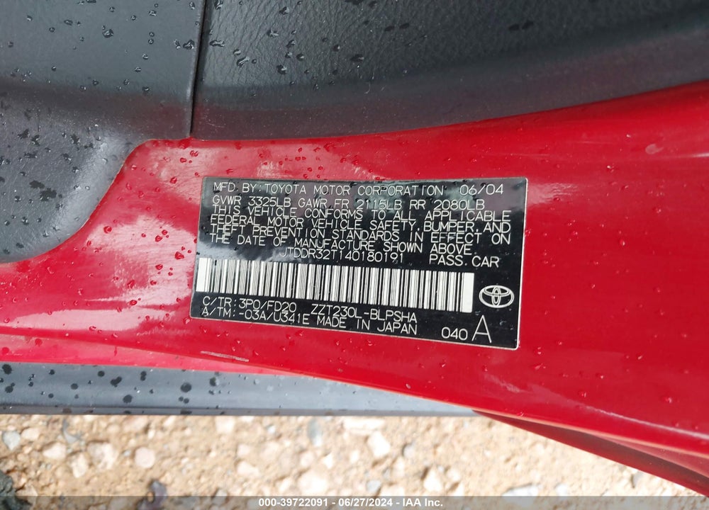 2004 TOYOTA CELICA GT VIN: JTDDR32T140180191