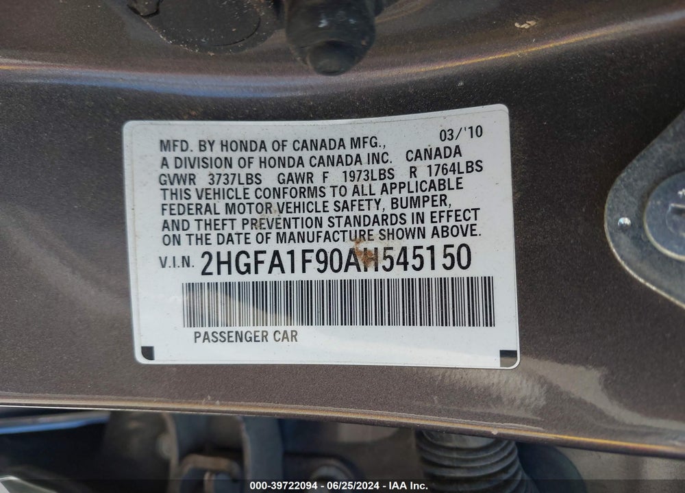 2010 HONDA CIVIC EX-L VIN: 2HGFA1F90AH545150