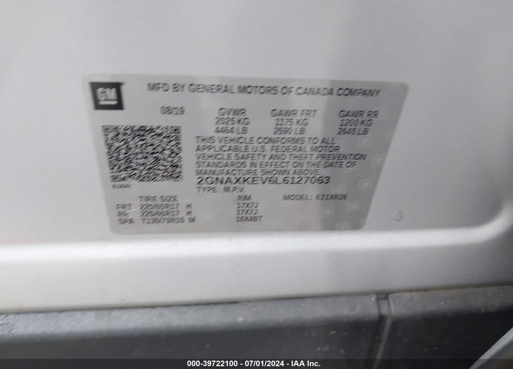 2020 CHEVROLET EQUINOX FWD LT 1.5L TURBO VIN: 2GNAXKEV6L6127063