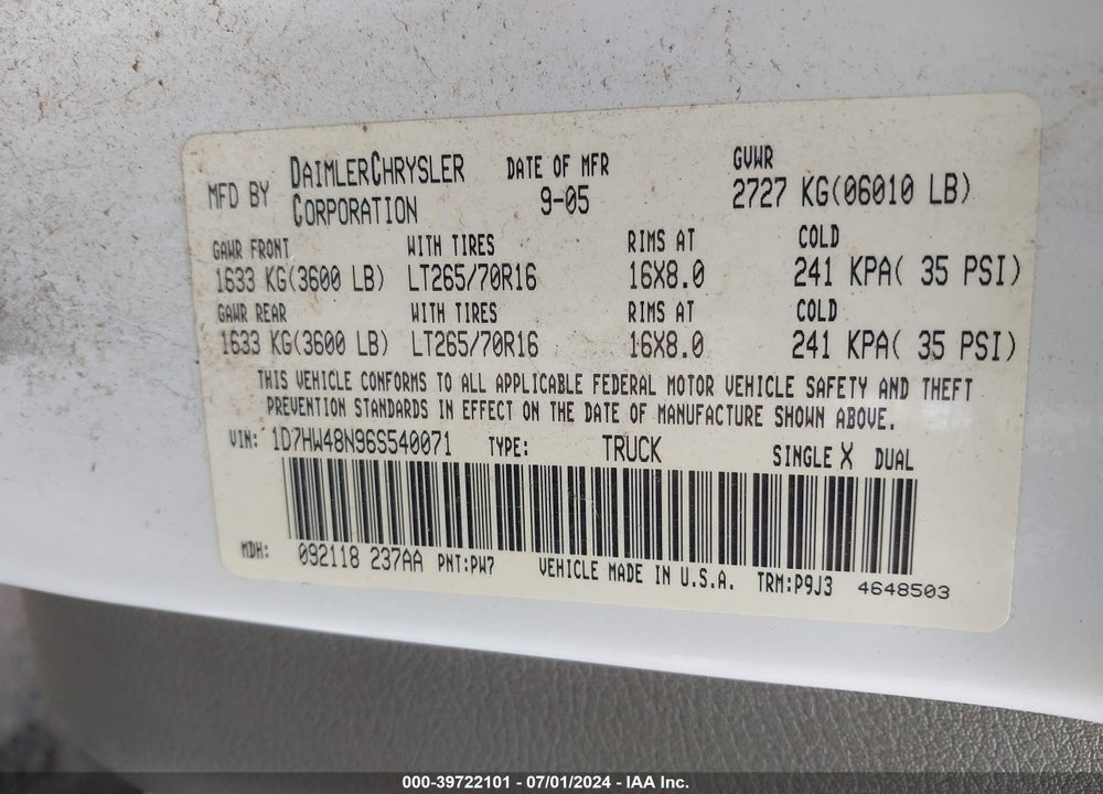 2006 DODGE DAKOTA SLT VIN: 1D7HW48N96S540071