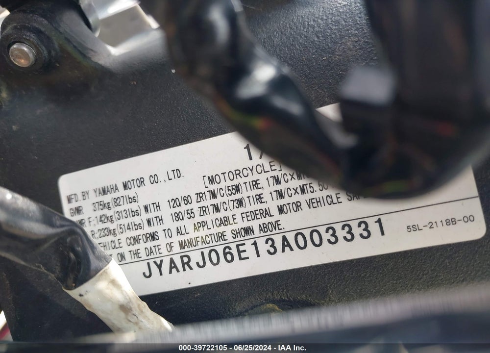 2003 YAMAHA YZFR6 L VIN: JYARJ06E13A003331