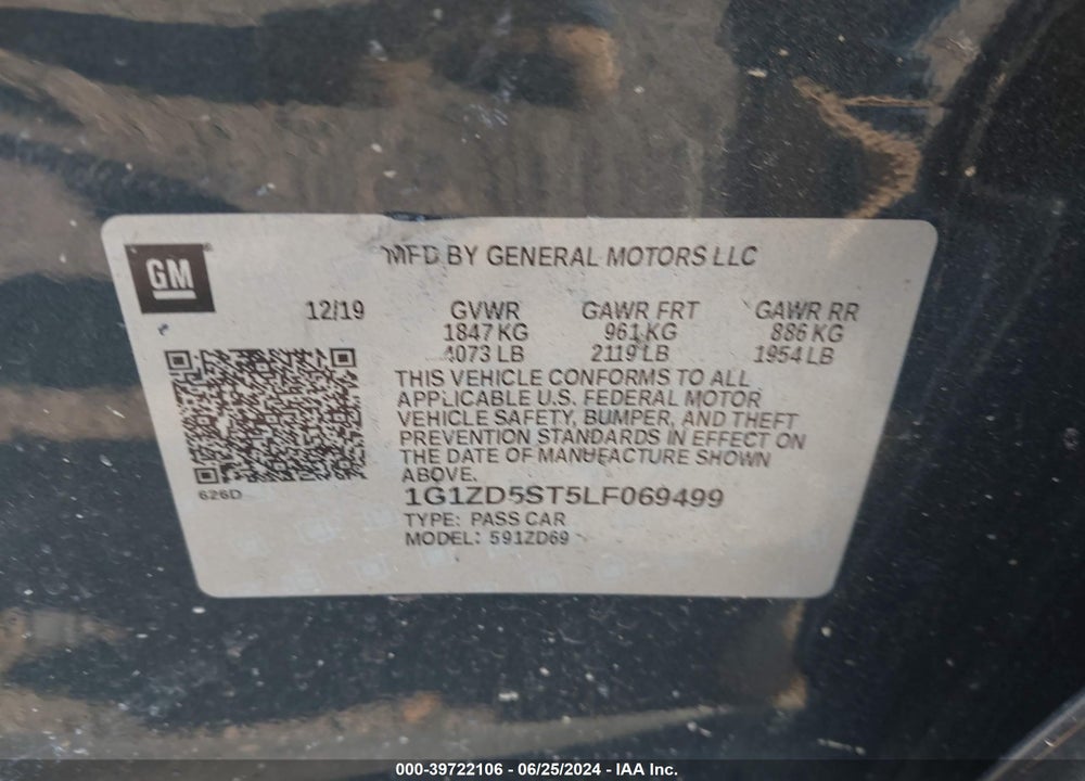 2020 CHEVROLET MALIBU FWD LT VIN: 1G1ZD5ST5LF069499