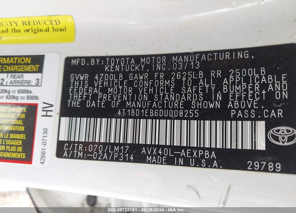 2013 TOYOTA AVALON HYBRID LIMITED VIN: 4T1BD1EB6DU008255