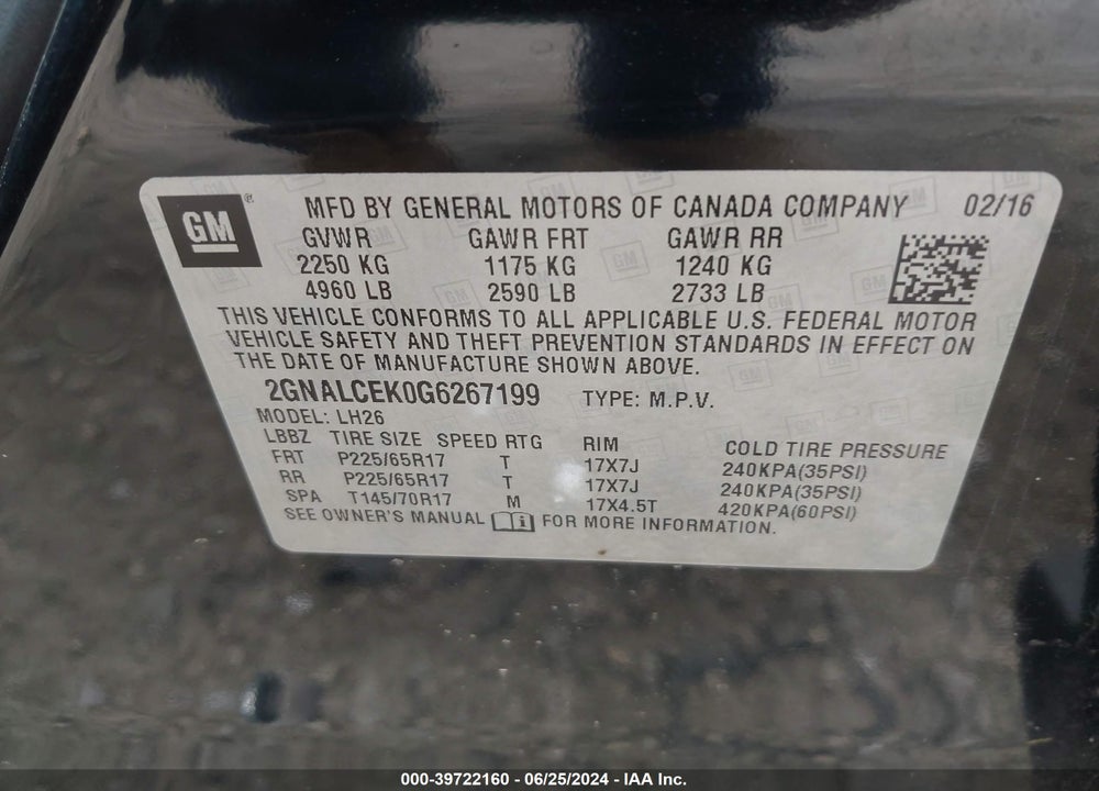 2016 CHEVROLET EQUINOX LT VIN: 2GNALCEK0G6267199