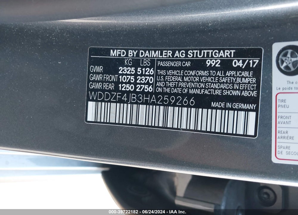 2017 MERCEDES-BENZ E 300 VIN: WDDZF4JB3HA259266