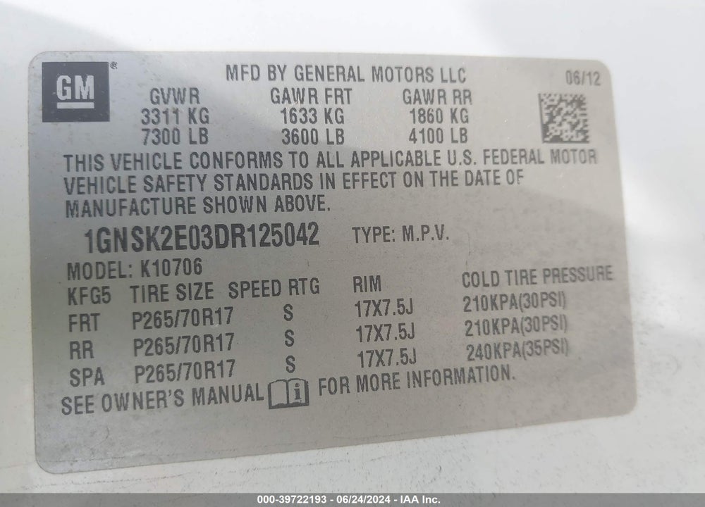 2013 CHEVROLET TAHOE COMMERCIAL VIN: 1GNSK2E03DR125042