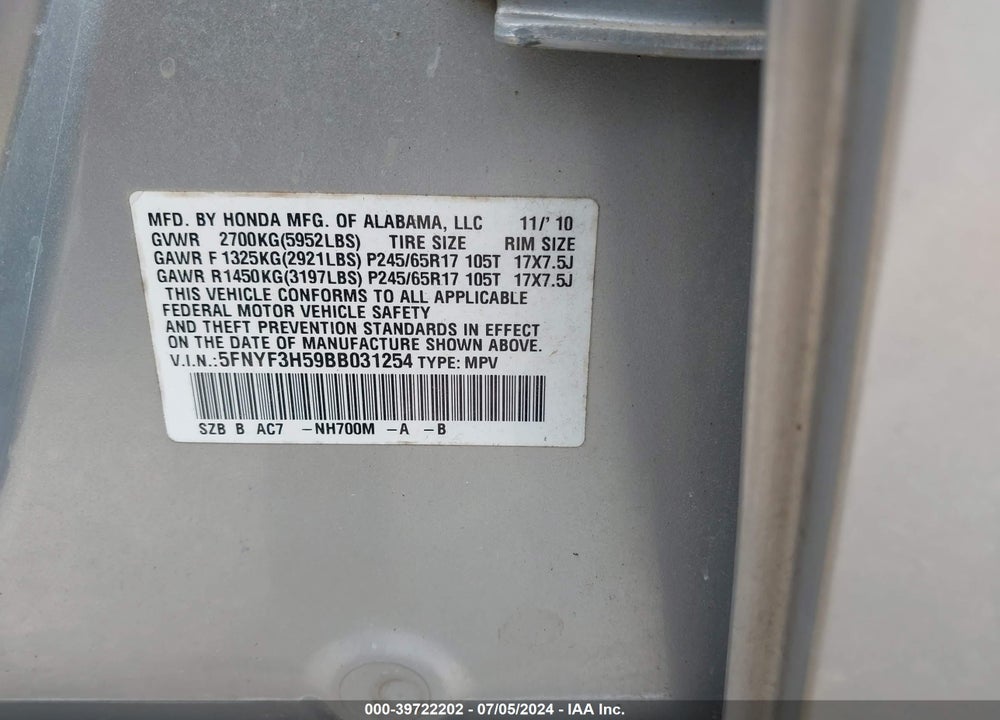 2011 HONDA PILOT EX-L VIN: 5FNYF3H59BB031254