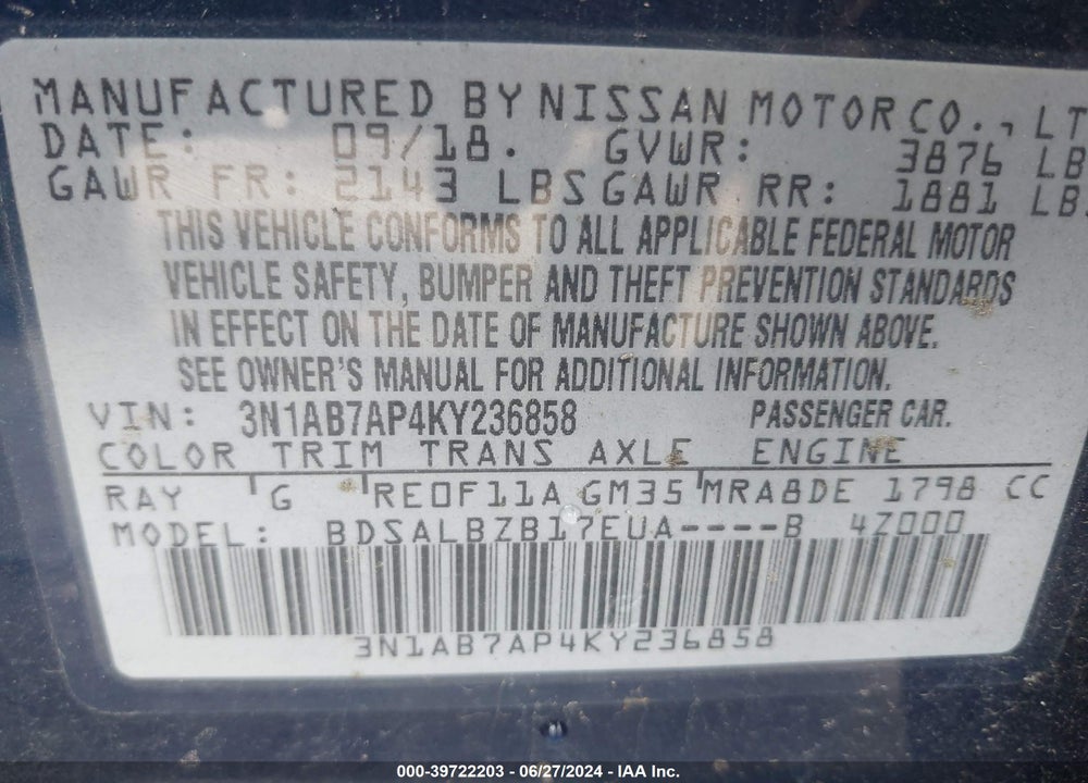 2019 NISSAN SENTRA S VIN: 3N1AB7AP4KY236858