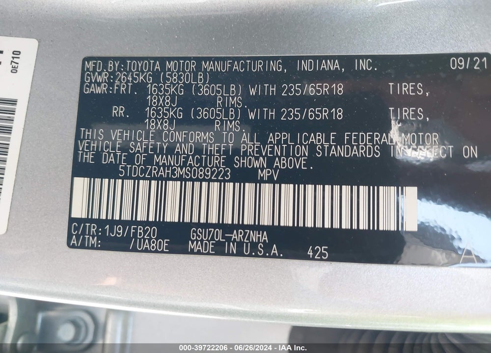 2021 TOYOTA HIGHLANDER L VIN: 5TDCZRAH3MS089223