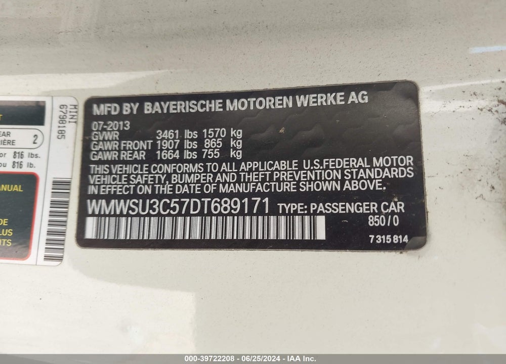 2013 MINI HARDTOP COOPER VIN: WMWSU3C57DT689171