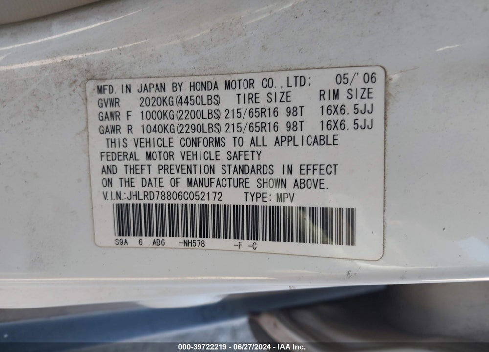2006 HONDA CR-V EX VIN: JHLRD78806C052172