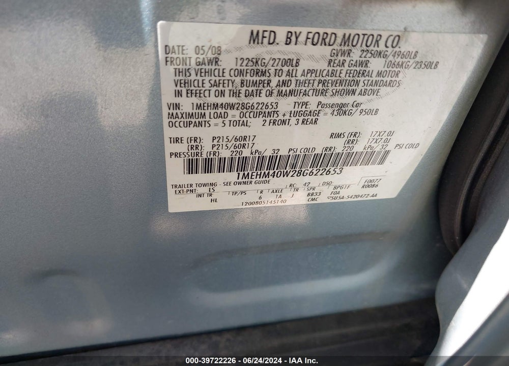 2008 MERCURY SABLE VIN: 1MEHM40W28G622653