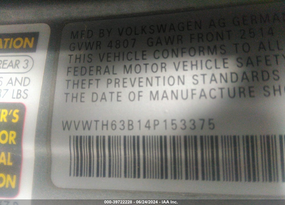 2004 VOLKSWAGEN PASSAT GLX VIN: WVWTH63B14P153375