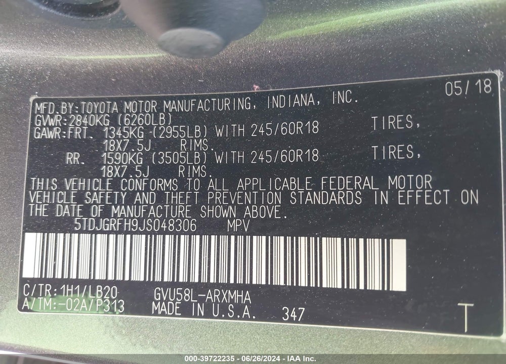2018 TOYOTA HIGHLANDER HYBRID XLE VIN: 5TDJGRFH9JS048306