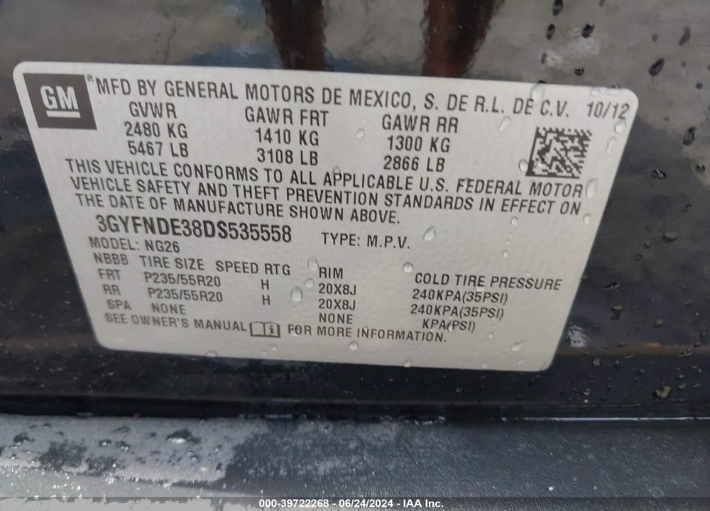 2013 CADILLAC SRX PERFORMANCE COLLECTION VIN: 3GYFNDE38DS535558