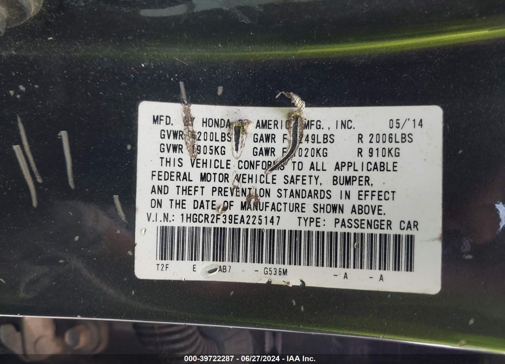 2014 HONDA ACCORD LX VIN: 1HGCR2F39EA225147