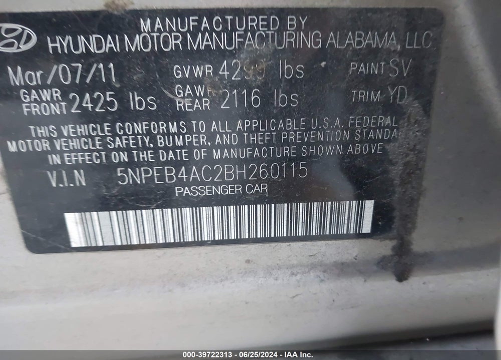 2011 HYUNDAI SONATA GLS VIN: 5NPEB4AC2BH260115