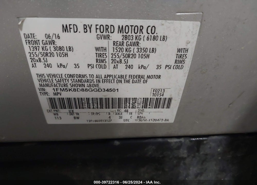 2016 FORD EXPLORER XLT VIN: 1FM5K8D88GGD34501