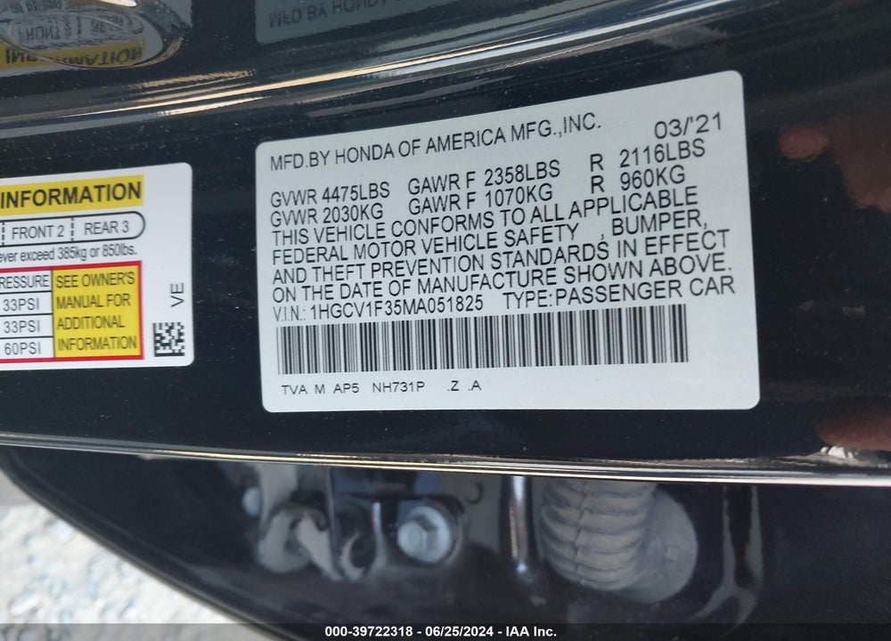2021 HONDA ACCORD SPORT VIN: 1HGCV1F35MA051825
