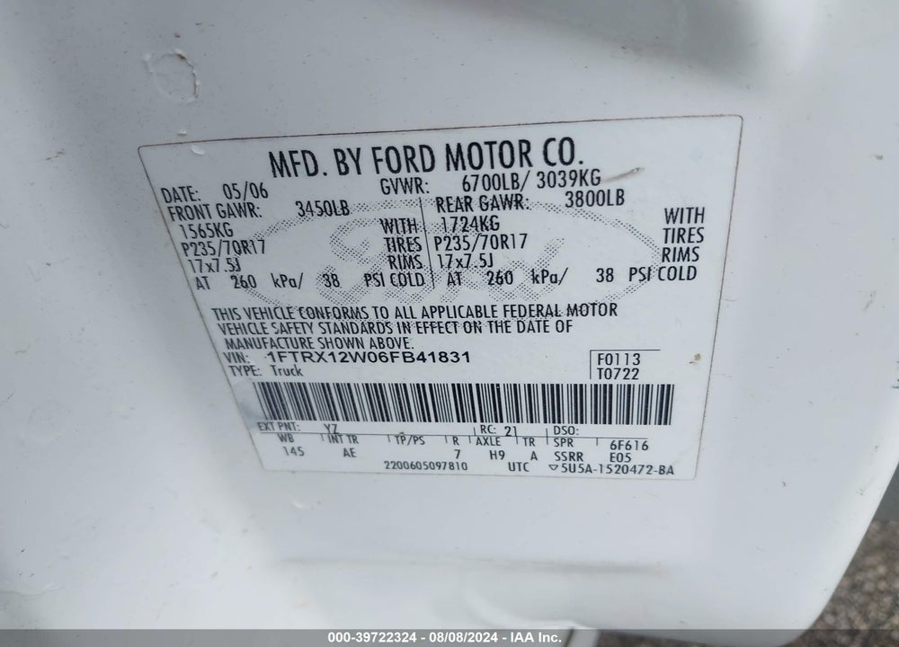 2006 FORD F-150 STX/XL/XLT VIN: 1FTRX12W06FB41831