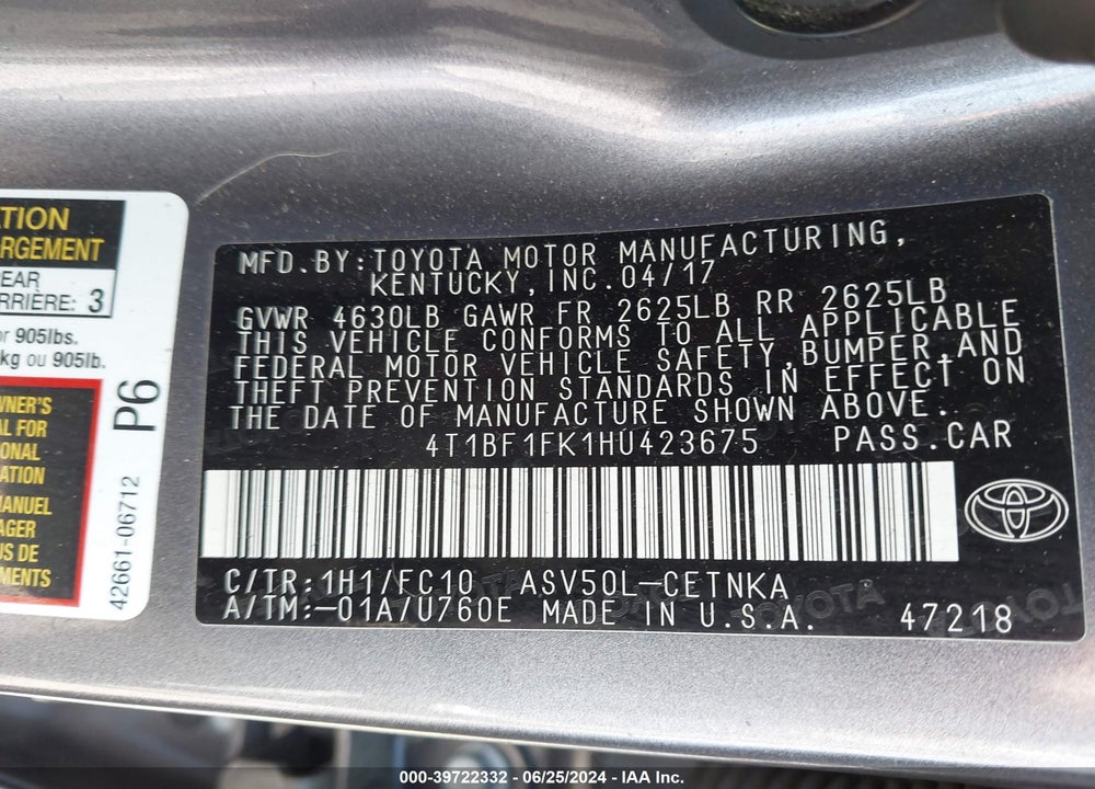 2017 TOYOTA CAMRY LE VIN: 4T1BF1FK1HU423675
