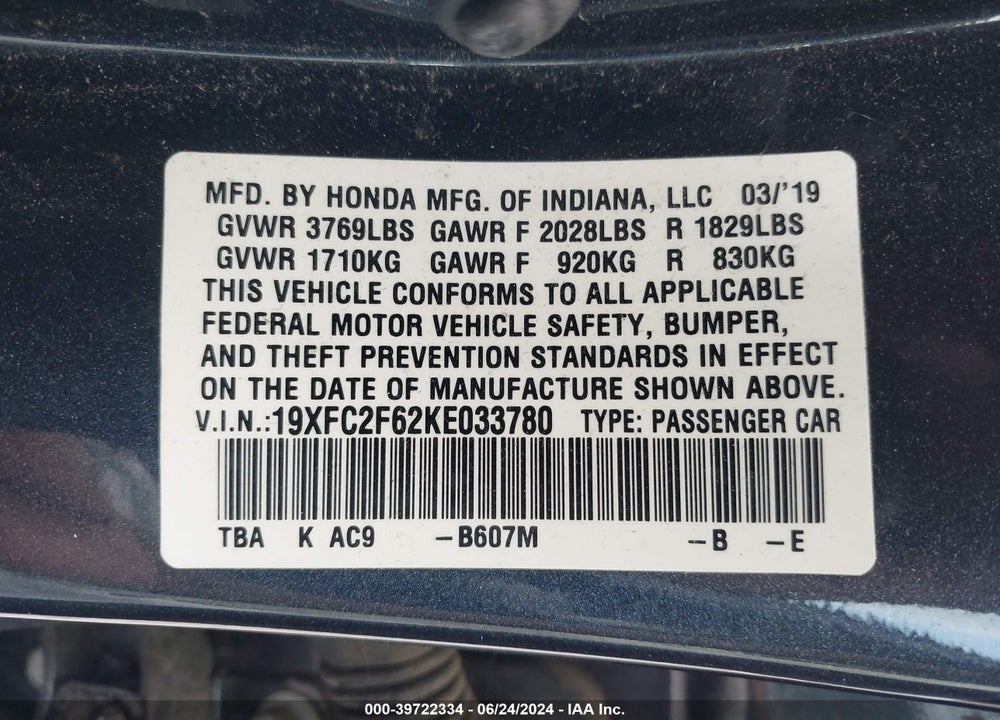 2019 HONDA CIVIC LX VIN: 19XFC2F62KE033780