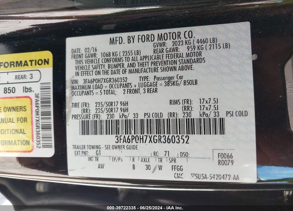 2016 FORD FUSION SE VIN: 3FA6P0H7XGR360352