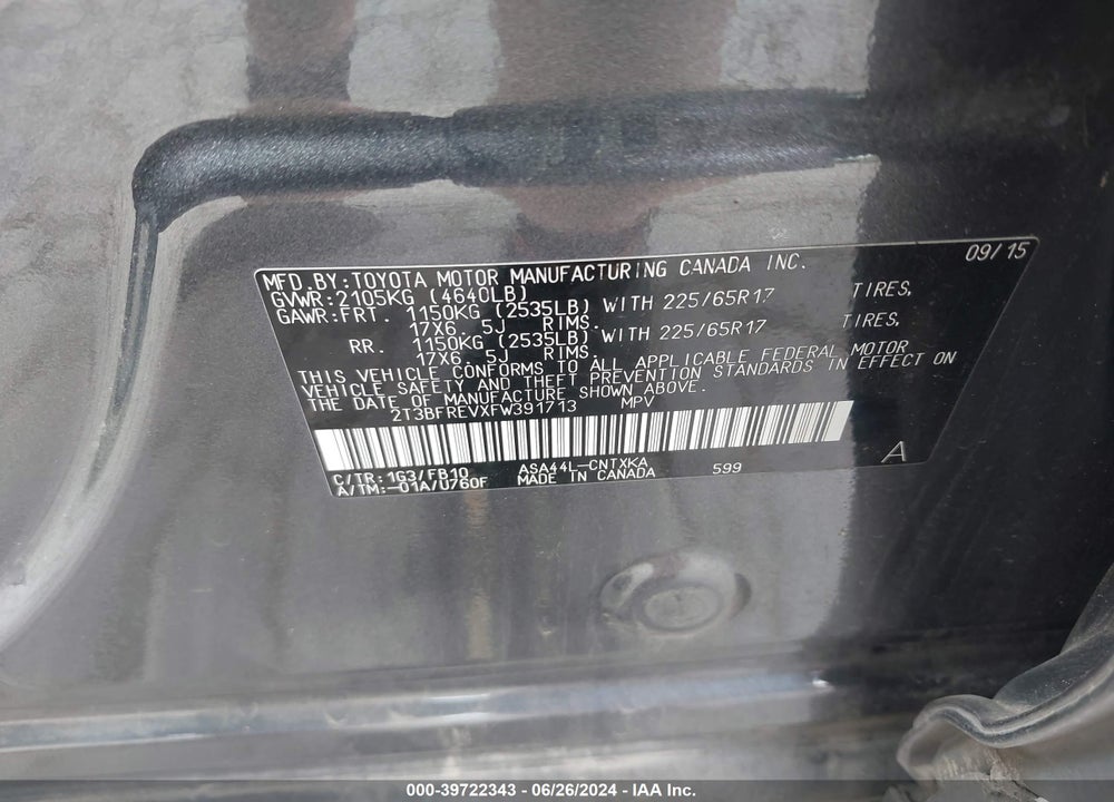 2015 TOYOTA RAV4 VIN: 2T3BFREVXFW391713