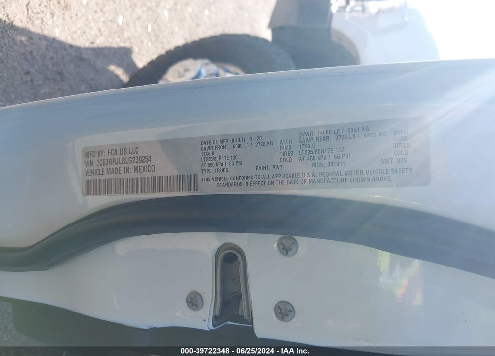 2020 RAM 3500 LAIE  4X4 8' BOX VIN: 3C63RRJL8LG239254
