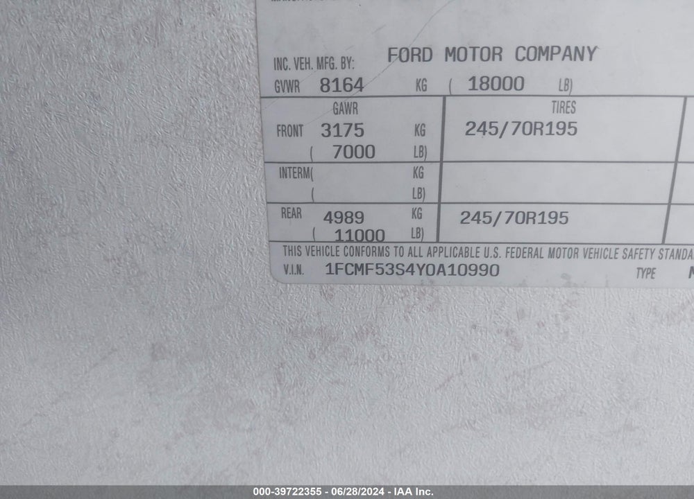 2000 FORD F550 SUPER DUTY STRIPPED CHASS VIN: 1FCMF53S4Y0A10990