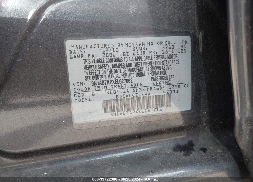 2014 NISSAN SENTRA S VIN: 3N1AB7APXEL627062
