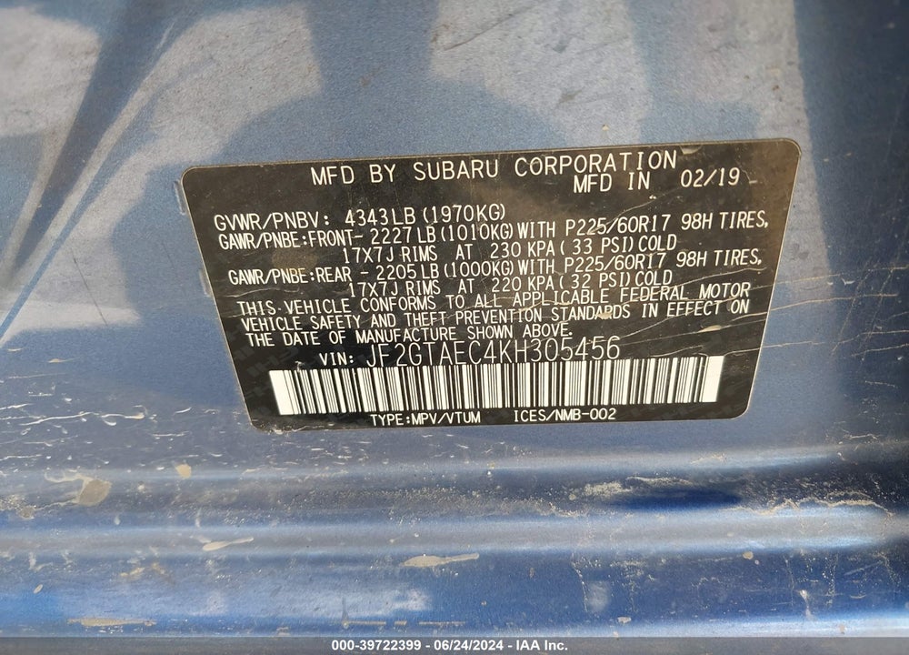 2019 SUBARU CROSSTREK 2.0I PREMIUM VIN: JF2GTAEC4KH305456