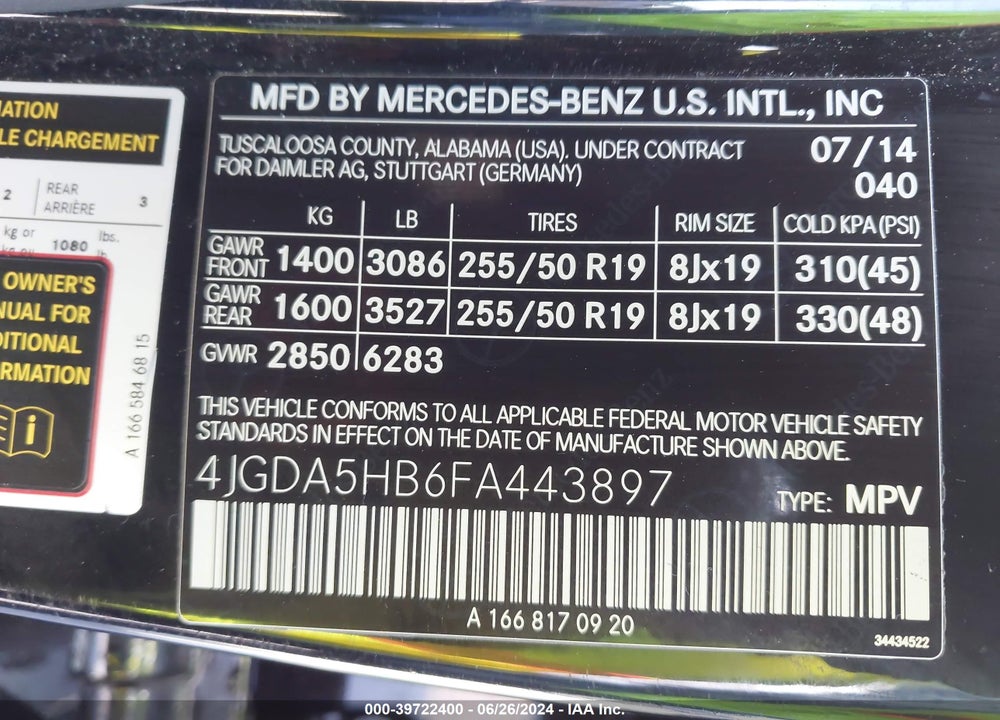 2015 MERCEDES-BENZ ML 350 4MATIC VIN: 4JGDA5HB6FA443897