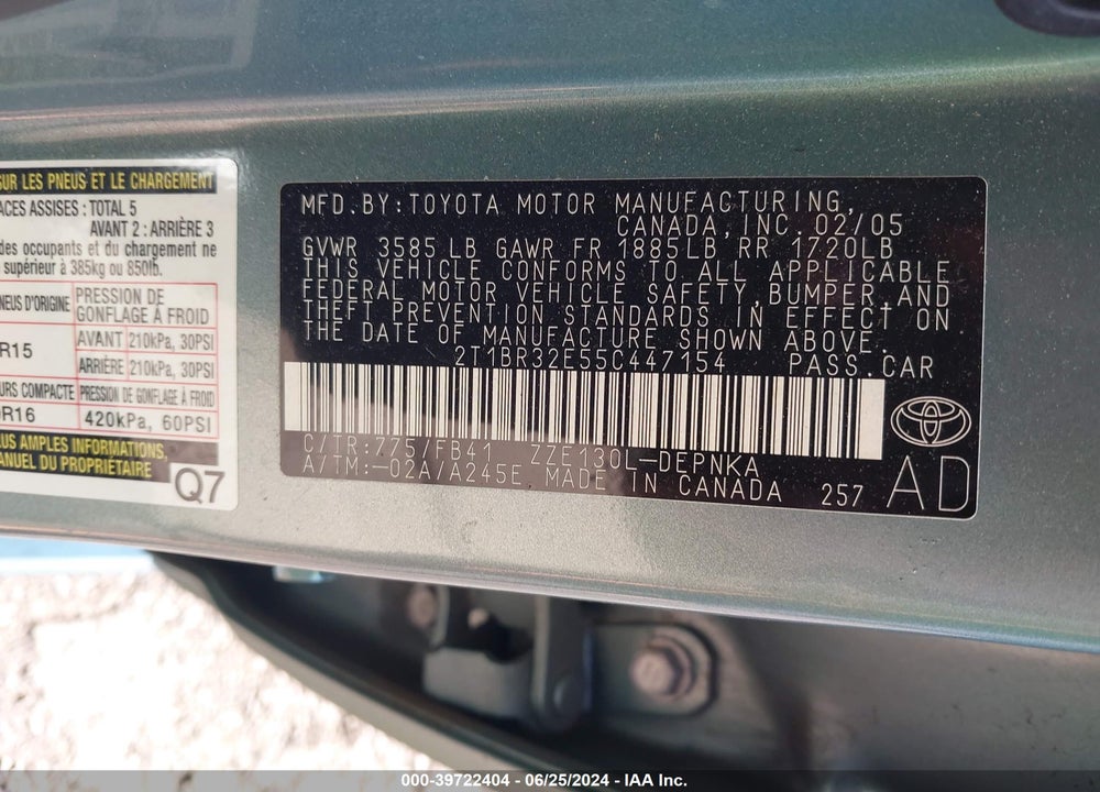 2005 TOYOTA COROLLA VIN: 2T1BR32E55C447154