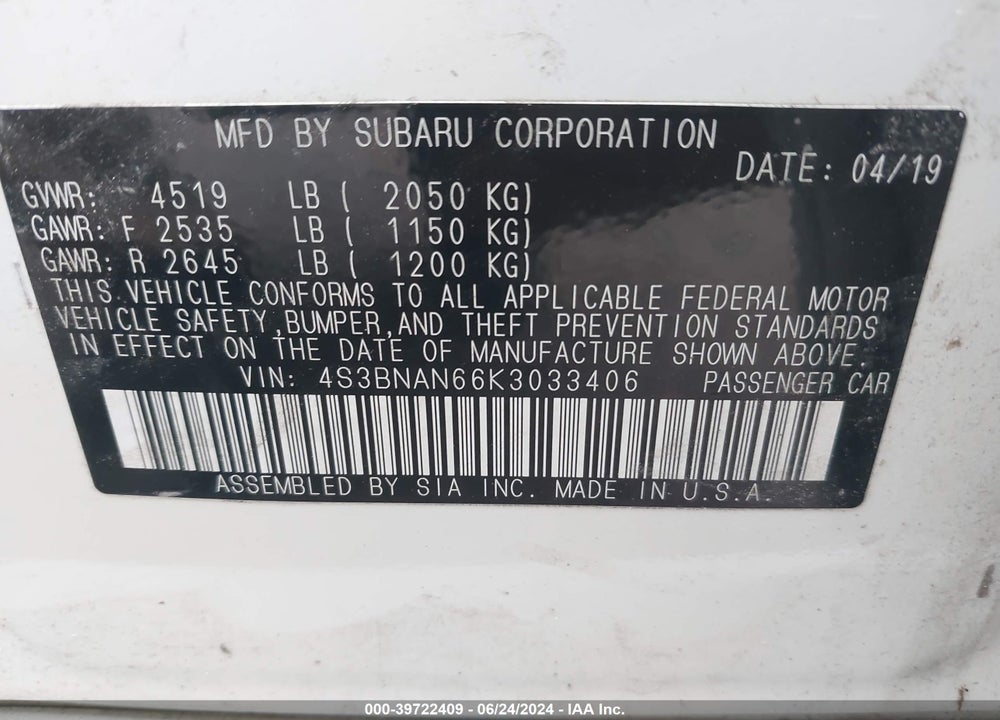 2019 SUBARU LEGACY 2.5I LIMITED VIN: 4S3BNAN66K3033406