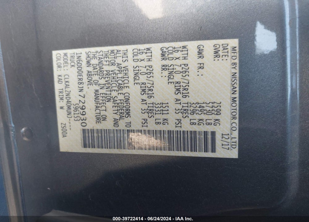 2018 NISSAN FRONTIER DESERT RUNNER VIN: 1N6DD0ER8JN729930