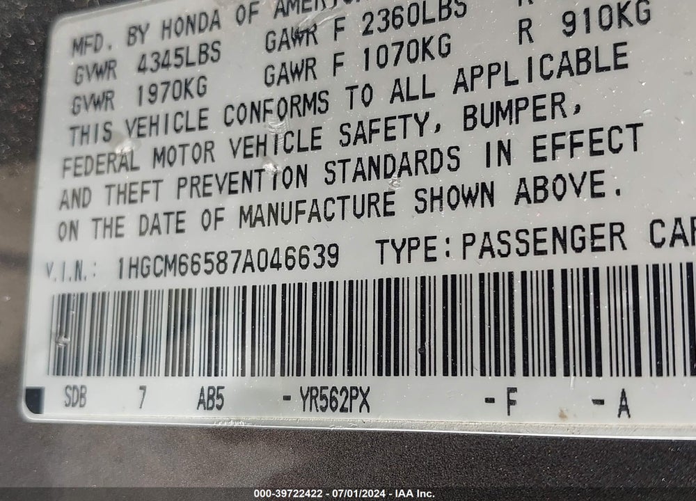 2007 HONDA ACCORD 3.0 EX VIN: 1HGCM66587A046639