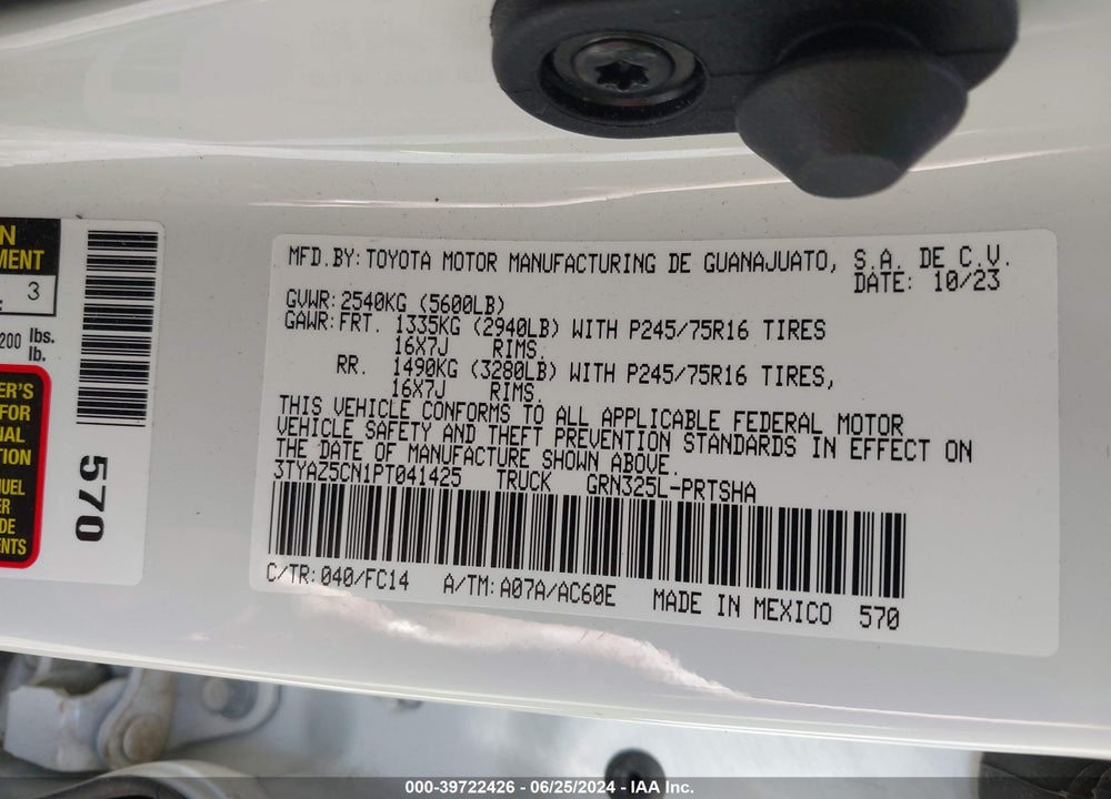 2023 TOYOTA TACOMA SR5 V6 VIN: 3TYAZ5CN1PT041425