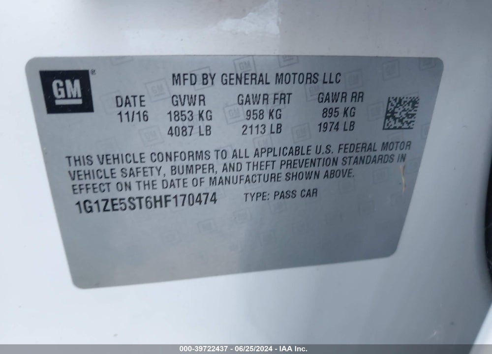 2017 CHEVROLET MALIBU 1LT VIN: 1G1ZE5ST6HF170474