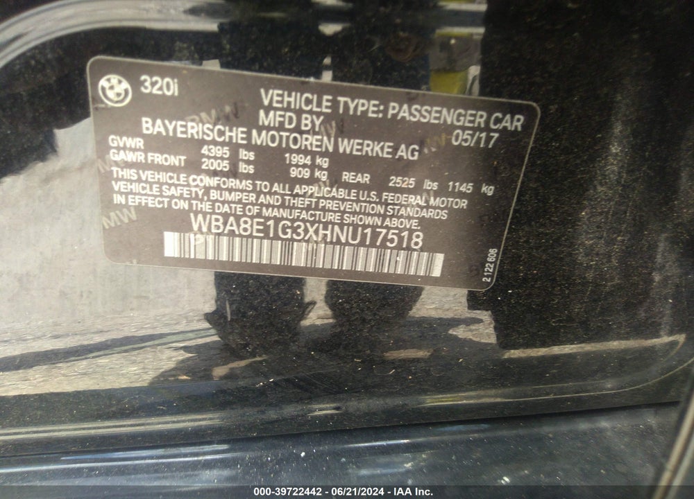 2017 BMW 320I VIN: WBA8E1G3XHNU17518