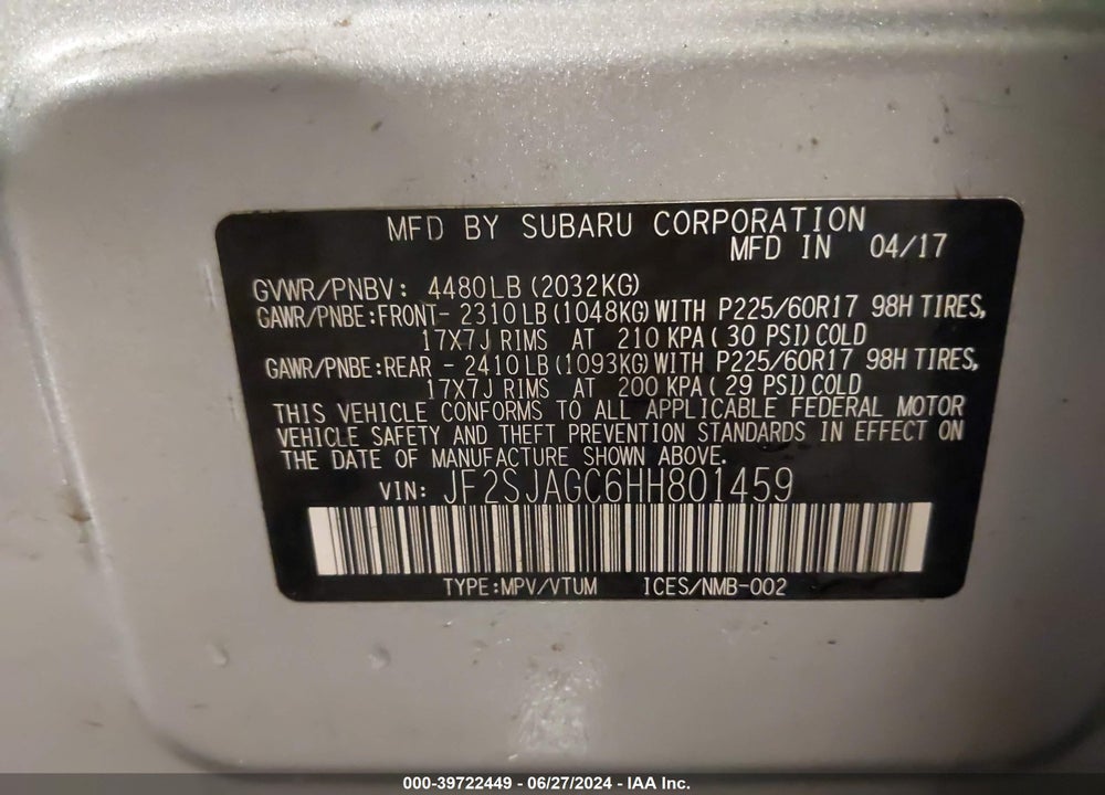 2017 SUBARU FORESTER 2.5I PREMIUM VIN: JF2SJAGC6HH801459