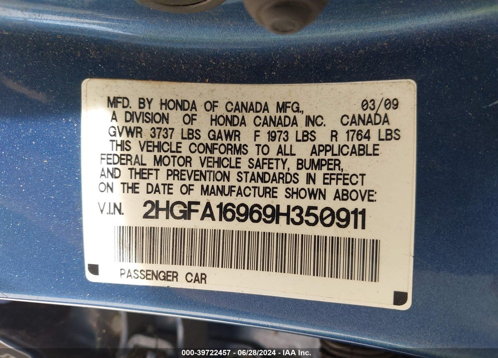 2009 HONDA CIVIC EX-L VIN: 2HGFA16969H350911