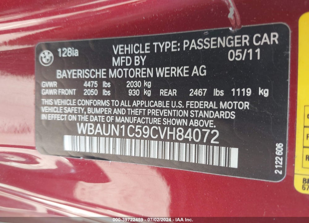 2012 BMW 128I VIN: WBAUN1C59CVH84072