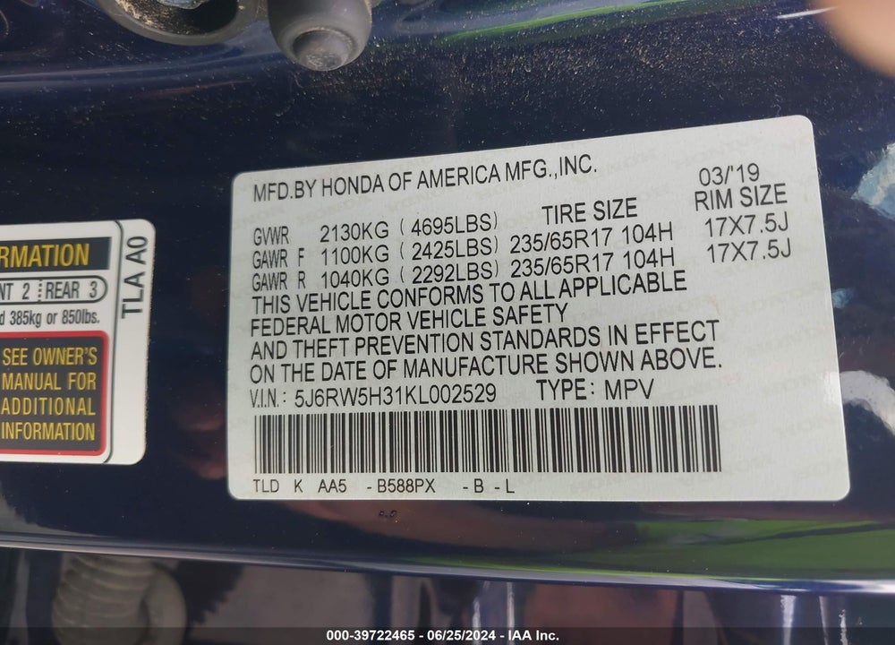 2019 HONDA CR-V LX VIN: 5J6RW5H31KL002529
