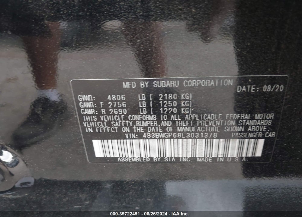 2020 SUBARU LEGACY TOURING XT VIN: 4S3BWGP68L3031378