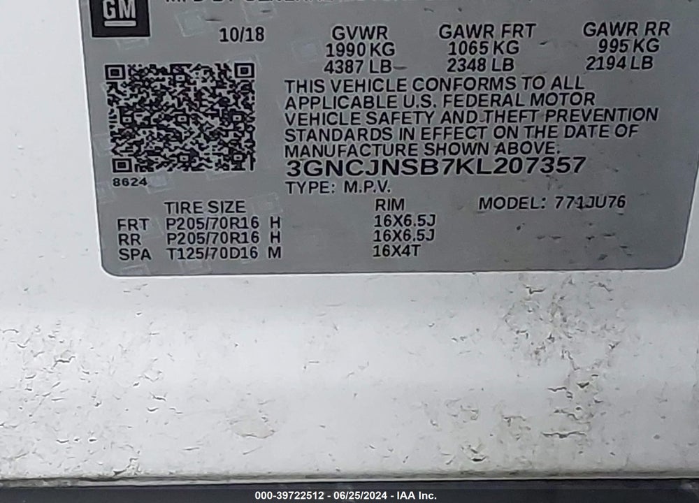 2019 CHEVROLET TRAX LS VIN: 3GNCJNSB7KL207357